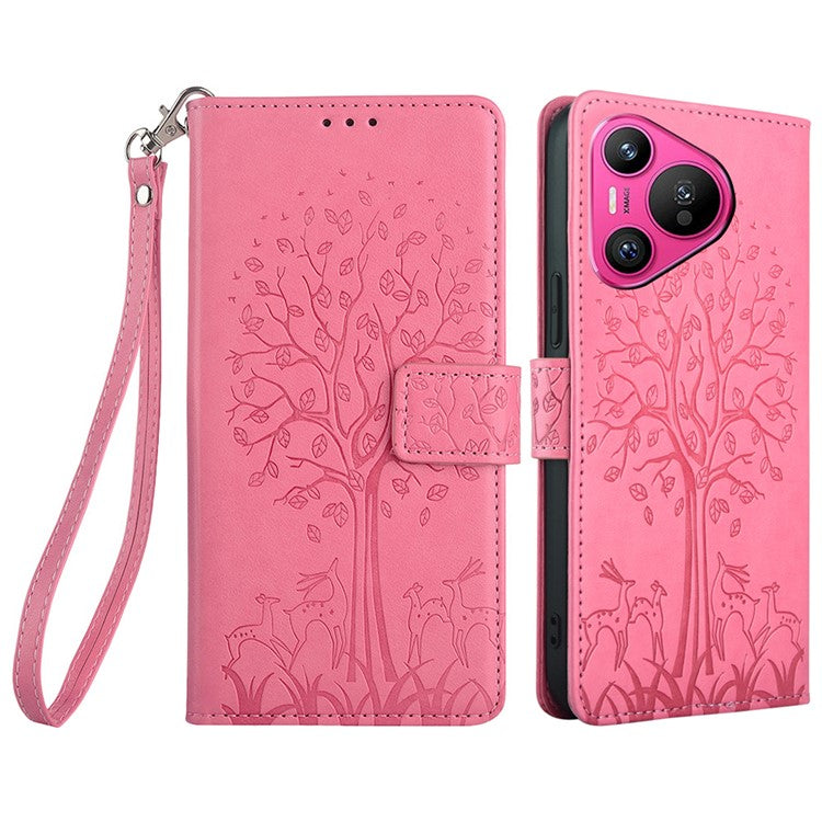 For Huawei Pura 70 Case PU Leather Wallet Phone Cover Tree Deer Imprinted - Pink