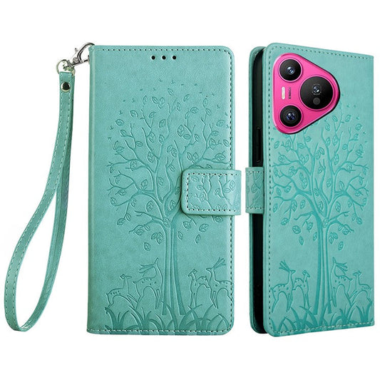 For Huawei Pura 70 Case PU Leather Wallet Phone Cover Tree Deer Imprinted - Green