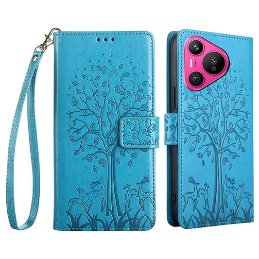For Huawei Pura 70 Case PU Leather Wallet Phone Cover Tree Deer Imprinted - Blue
