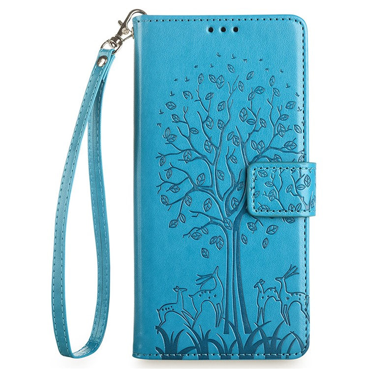 For Huawei Pura 70 Case PU Leather Wallet Phone Cover Tree Deer Imprinted - Blue