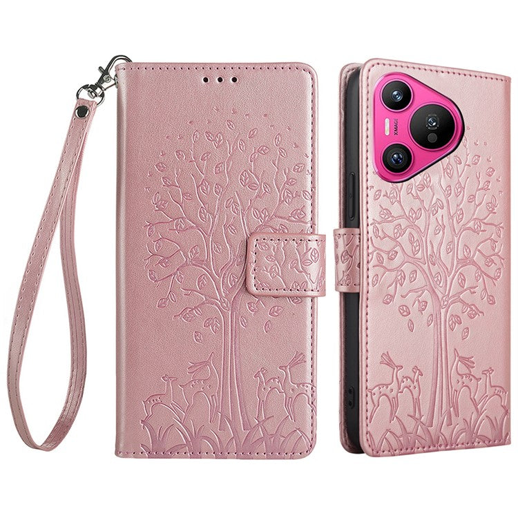 For Huawei Pura 70 Case PU Leather Wallet Phone Cover Tree Deer Imprinted - Rose Gold