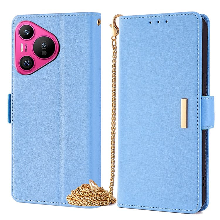 For Huawei Pura 70 Case PU Leather Wallet Stand Phone Cover with Crossbody Shoulder Strap - Blue
