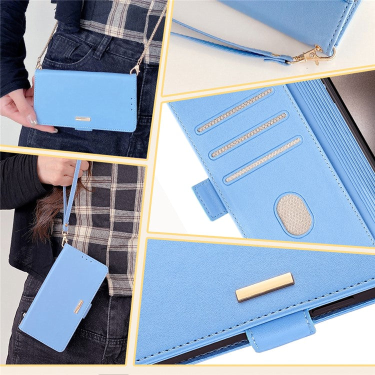 For Huawei Pura 70 Case PU Leather Wallet Stand Phone Cover with Crossbody Shoulder Strap - Blue