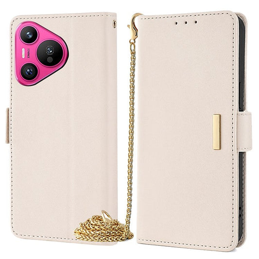 For Huawei Pura 70 Case PU Leather Wallet Stand Phone Cover with Crossbody Shoulder Strap - White