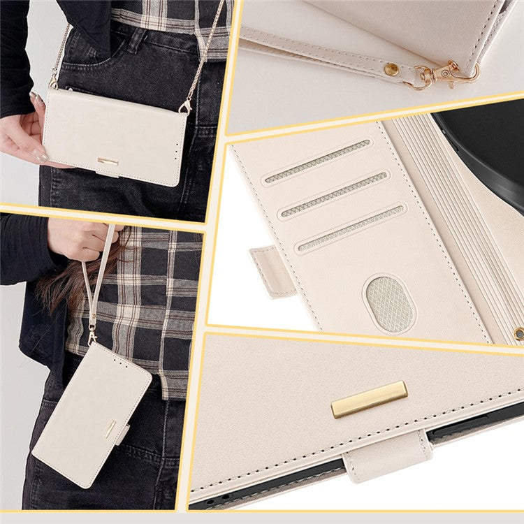 For Huawei Pura 70 Case PU Leather Wallet Stand Phone Cover with Crossbody Shoulder Strap - White