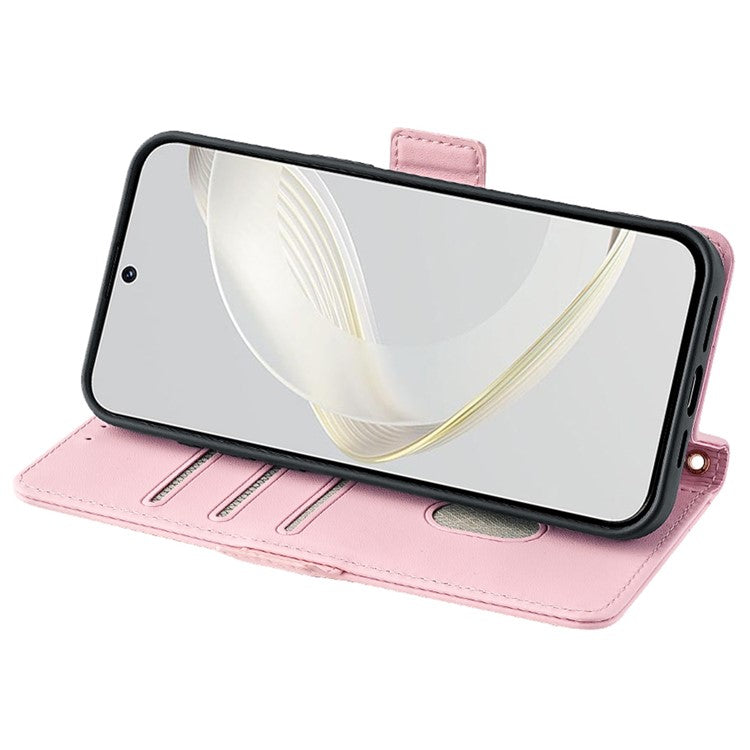 For Huawei Pura 70 Case PU Leather Wallet Stand Phone Cover with Crossbody Shoulder Strap - Pink