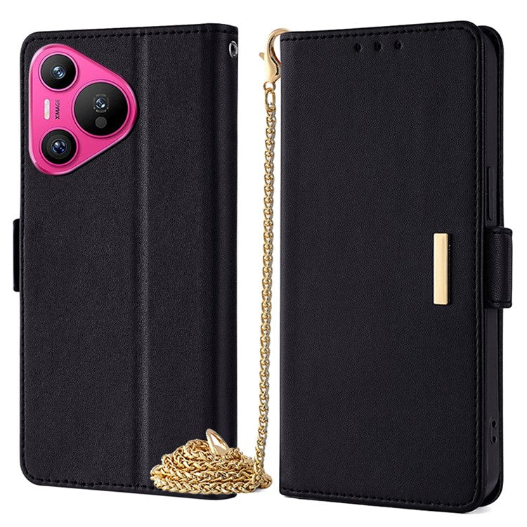 For Huawei Pura 70 Case PU Leather Wallet Stand Phone Cover with Crossbody Shoulder Strap - Black