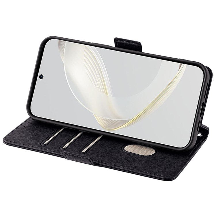For Huawei Pura 70 Case PU Leather Wallet Stand Phone Cover with Crossbody Shoulder Strap - Black