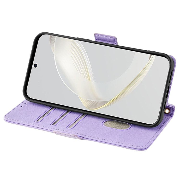 For Huawei Pura 70 Case PU Leather Wallet Stand Phone Cover with Crossbody Shoulder Strap - Purple
