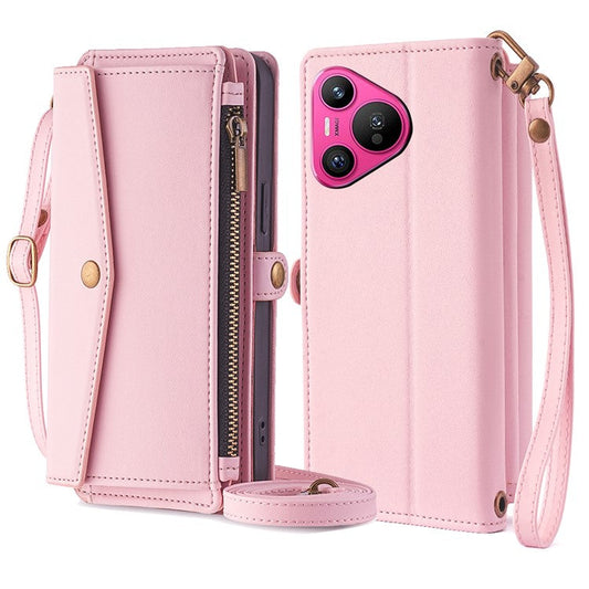 For Huawei Pura 70 Case Multiple Card Slots Zipper Wallet Anti-drop Leather Phone Cover with 2 Straps - Pink