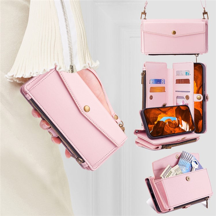 For Huawei Pura 70 Case Multiple Card Slots Zipper Wallet Anti-drop Leather Phone Cover with 2 Straps - Pink