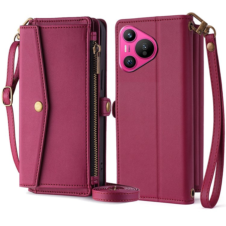 For Huawei Pura 70 Case Multiple Card Slots Zipper Wallet Anti-drop Leather Phone Cover with 2 Straps - Red