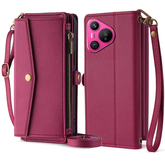 For Huawei Pura 70 Case Multiple Card Slots Zipper Wallet Anti-drop Leather Phone Cover with 2 Straps - Red