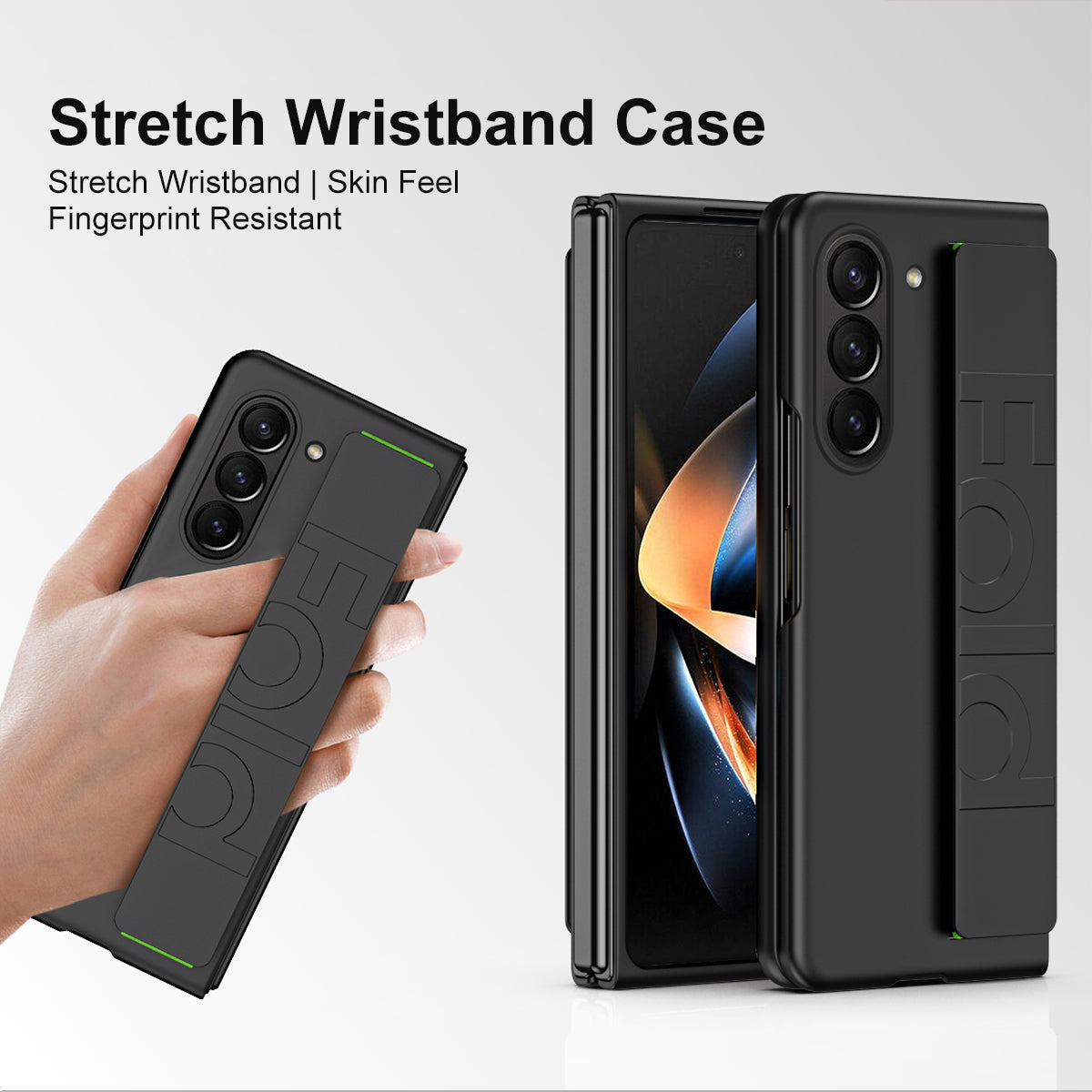 For Samsung Galaxy Z Fold6 5G Skin-Touch Case PC Anti-Fingerprint Phone Cover with Stretch Wristband - Black