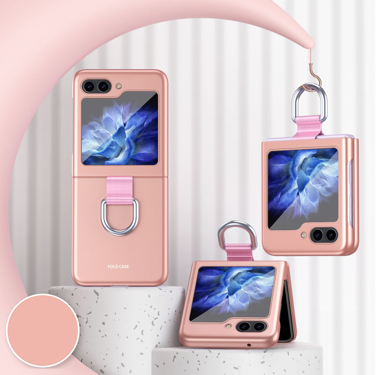 For Samsung Galaxy Z Flip6 5G Folded Phone Case Skin-Touch Hard PC Phone Cover with Ring Holder - Rose Gold