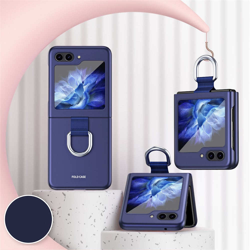 For Samsung Galaxy Z Flip7 FE 5G / Z Flip6 5G / Z Flip5 5G Folded Phone Case Skin-Touch Hard PC Phone Cover with Ring Holder - Sapphire