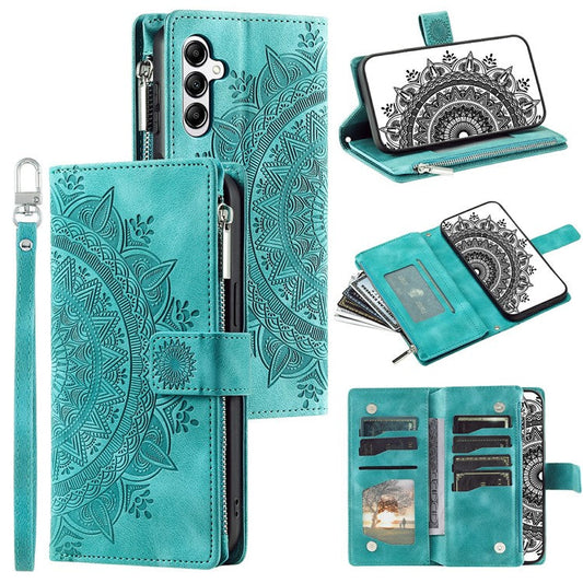 For Samsung Galaxy M55 5G / C55 5G / F55 5G Wallet Case Zipper Pocket Flip Leather Mandala Totem Phone Cover - Mint Green