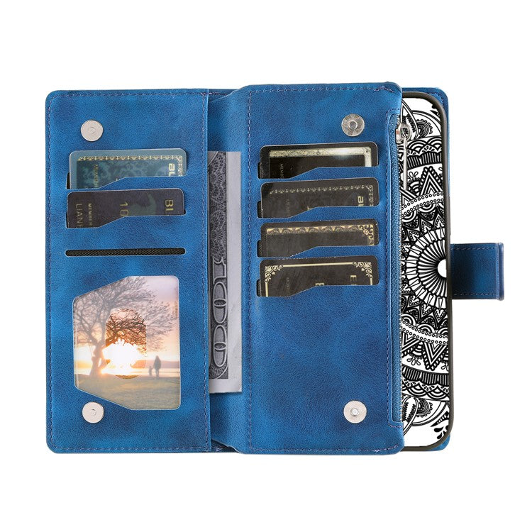 For Samsung Galaxy M55 5G / C55 5G / F55 5G Wallet Case Zipper Pocket Flip Leather Mandala Totem Phone Cover - Blue