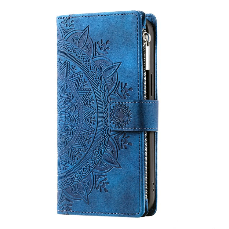For Samsung Galaxy M55 5G / C55 5G / F55 5G Wallet Case Zipper Pocket Flip Leather Mandala Totem Phone Cover - Blue