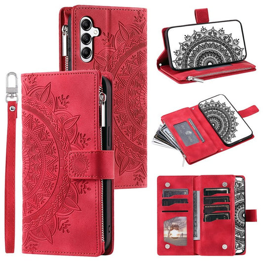 For Samsung Galaxy M55 5G / C55 5G / F55 5G Wallet Case Zipper Pocket Flip Leather Mandala Totem Phone Cover - Red