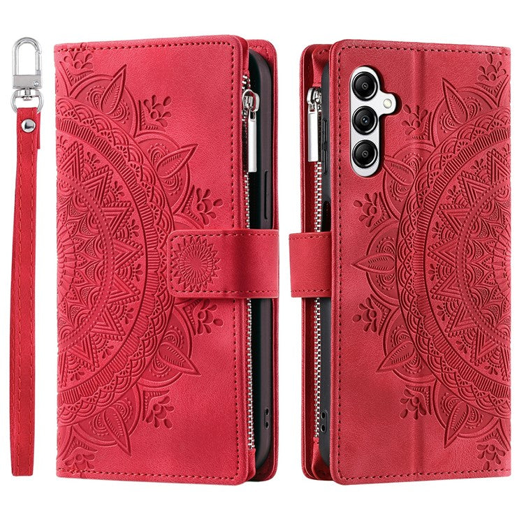 For Samsung Galaxy M55 5G / C55 5G / F55 5G Wallet Case Zipper Pocket Flip Leather Mandala Totem Phone Cover - Red