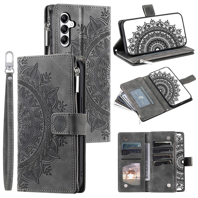 For Samsung Galaxy M55 5G / C55 5G / F55 5G Wallet Case Zipper Pocket Flip Leather Mandala Totem Phone Cover - Grey