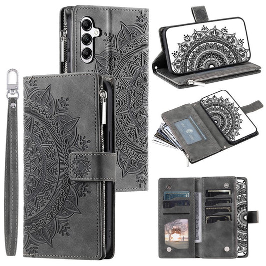 For Samsung Galaxy M55 5G / C55 5G / F55 5G Wallet Case Zipper Pocket Flip Leather Mandala Totem Phone Cover - Grey
