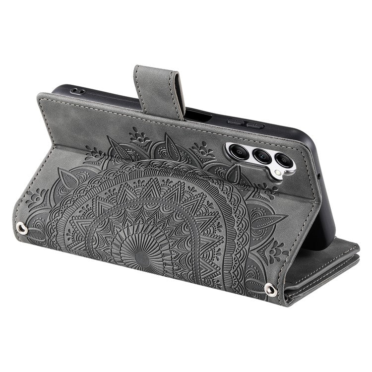 For Samsung Galaxy M55 5G / C55 5G / F55 5G Wallet Case Zipper Pocket Flip Leather Mandala Totem Phone Cover - Grey