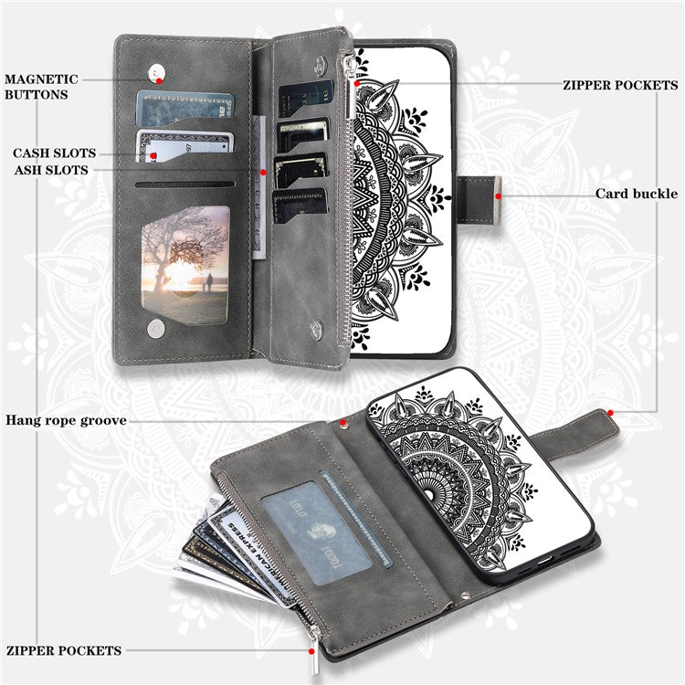 For Samsung Galaxy M55 5G / C55 5G / F55 5G Wallet Case Zipper Pocket Flip Leather Mandala Totem Phone Cover - Grey