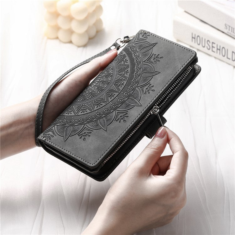 For Samsung Galaxy M55 5G / C55 5G / F55 5G Wallet Case Zipper Pocket Flip Leather Mandala Totem Phone Cover - Grey