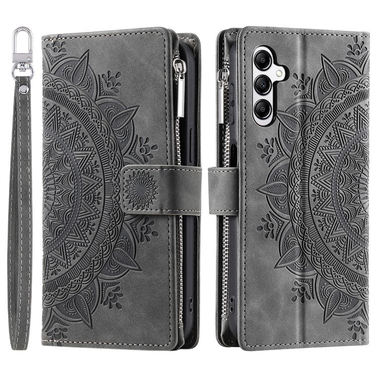 For Samsung Galaxy M55 5G / C55 5G / F55 5G Wallet Case Zipper Pocket Flip Leather Mandala Totem Phone Cover - Grey