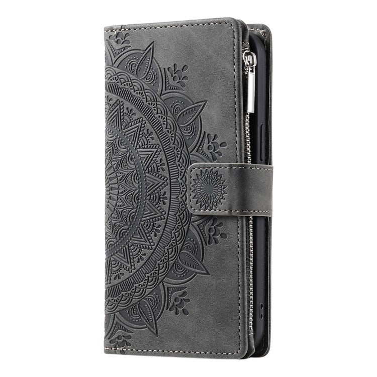 For Samsung Galaxy M55 5G / C55 5G / F55 5G Wallet Case Zipper Pocket Flip Leather Mandala Totem Phone Cover - Grey