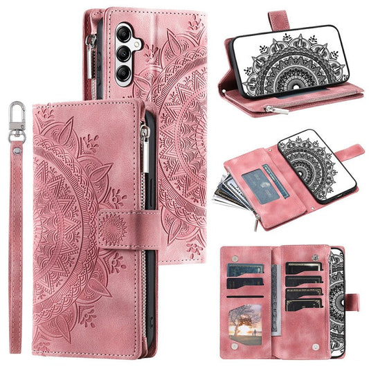 For Samsung Galaxy M55 5G / C55 5G / F55 5G Wallet Case Zipper Pocket Flip Leather Mandala Totem Phone Cover - Rose Gold