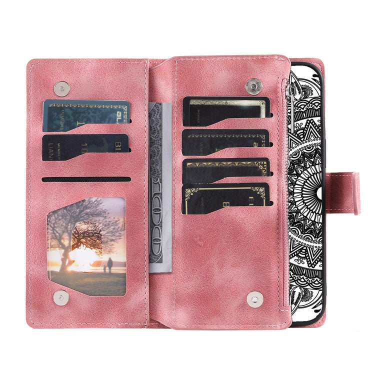 For Samsung Galaxy M55 5G / C55 5G / F55 5G Wallet Case Zipper Pocket Flip Leather Mandala Totem Phone Cover - Rose Gold