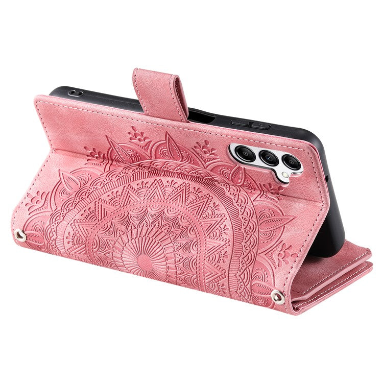 For Samsung Galaxy M55 5G / C55 5G / F55 5G Wallet Case Zipper Pocket Flip Leather Mandala Totem Phone Cover - Rose Gold