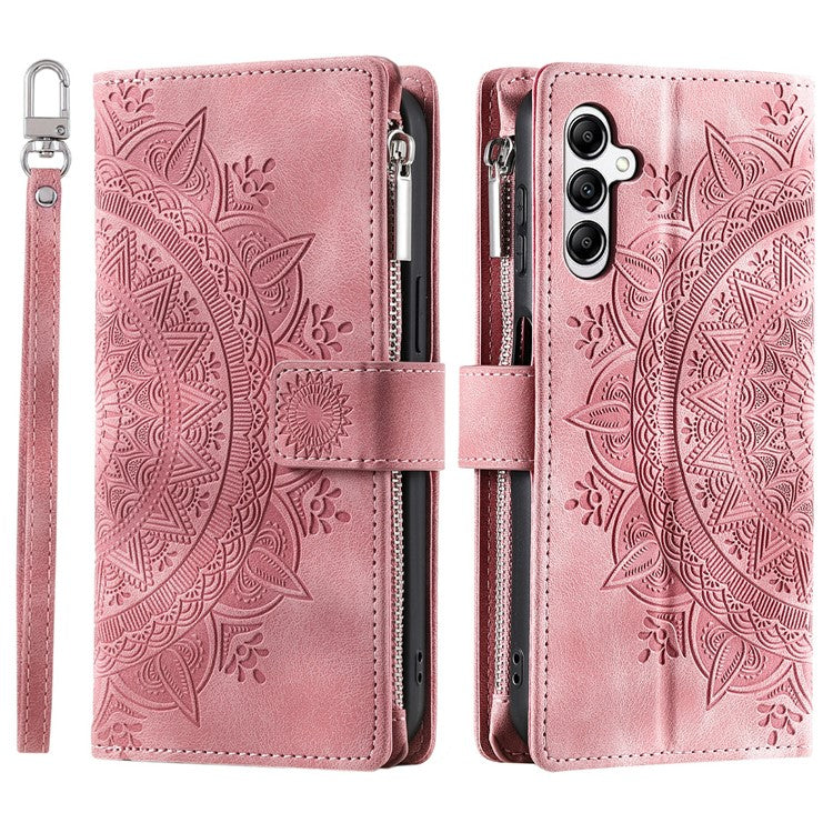 For Samsung Galaxy M55 5G / C55 5G / F55 5G Wallet Case Zipper Pocket Flip Leather Mandala Totem Phone Cover - Rose Gold
