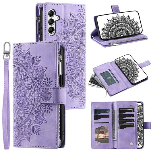 For Samsung Galaxy M55 5G / C55 5G / F55 5G Wallet Case Zipper Pocket Flip Leather Mandala Totem Phone Cover - Purple