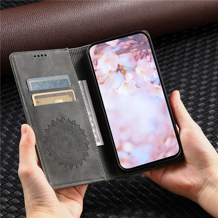 Style-010 For Samsung Galaxy M55 5G / C55 5G / F55 5G Leather Case Imprinted Magnetic Auto Closing Cell Phone Cover - Grey