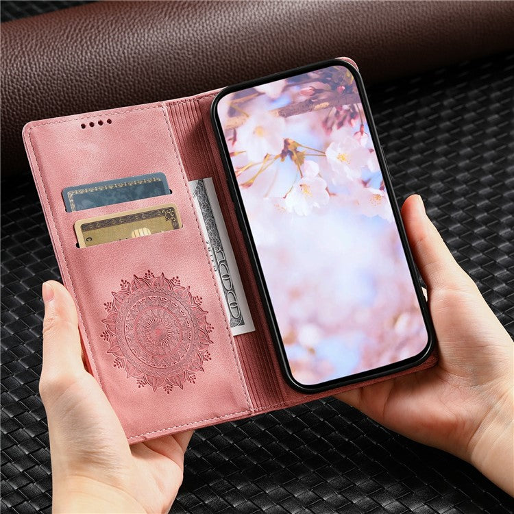 Style-010 For Samsung Galaxy M55 5G / C55 5G / F55 5G Leather Case Imprinted Magnetic Auto Closing Cell Phone Cover - Rose Gold