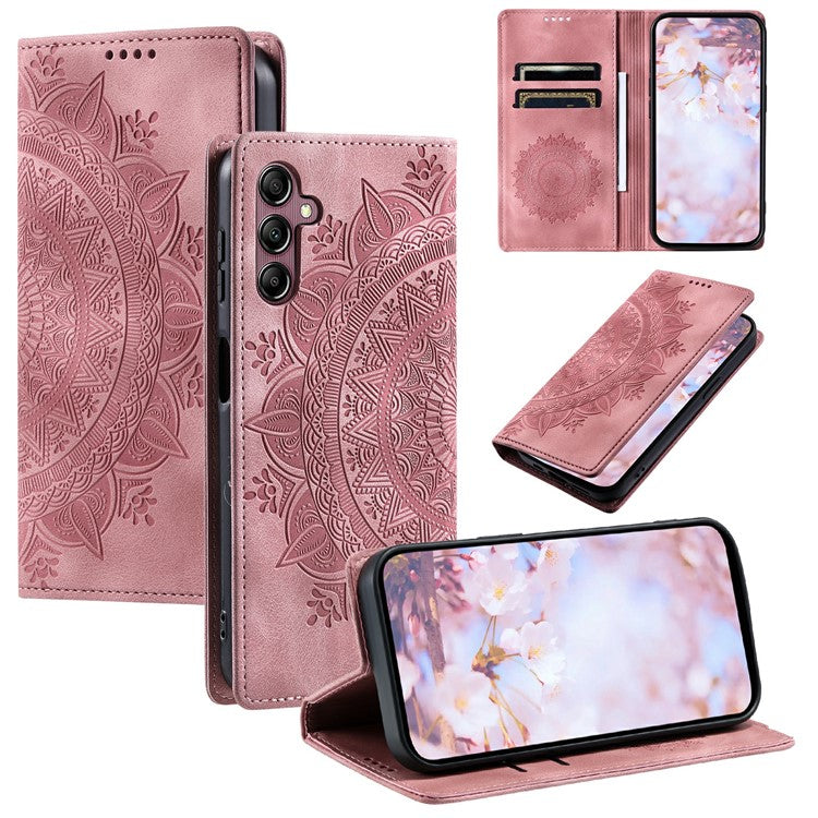 Style-010 For Samsung Galaxy M55 5G / C55 5G / F55 5G Leather Case Imprinted Magnetic Auto Closing Cell Phone Cover - Rose Gold