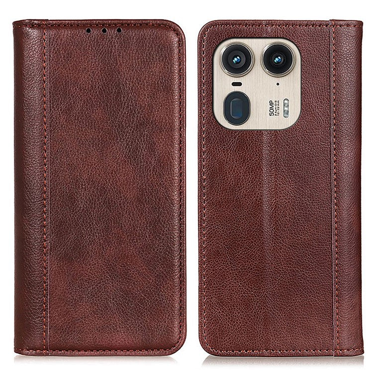 For Motorola Edge 50 Ultra 5G / Moto X50 Ultra 5G Case Split Leather Litchi Texture Protective Cover with Magnetic Closure - Brown