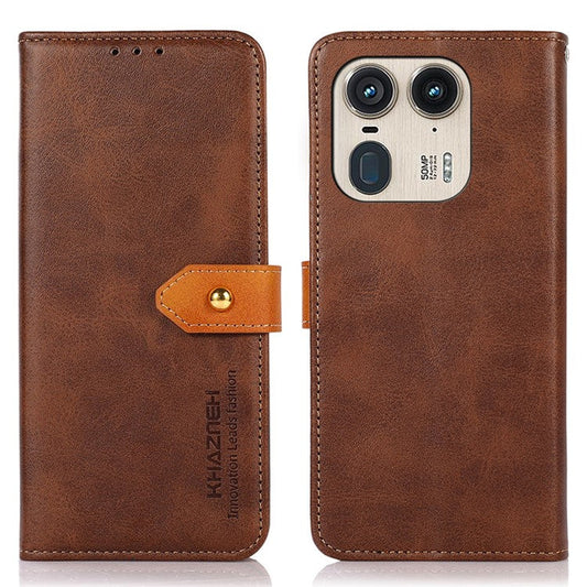 KHAZNEH For Motorola Edge 50 Ultra 5G / Moto X50 Ultra 5G Case PU Leather Phone Cover Gold Magnetic Buckle Decor - Brown