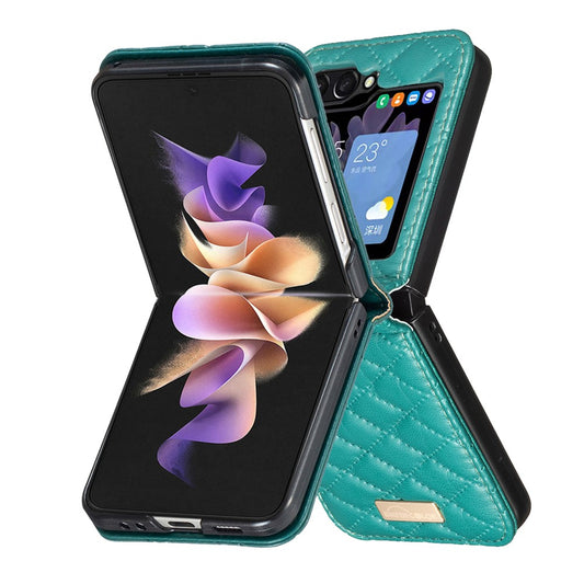 BINFEN COLOR For Samsung Galaxy Z Flip7 FE 5G / Z Flip6 5G / Z Flip5 5G Case Rhombus PU Leather Folding Phone Cover - Green