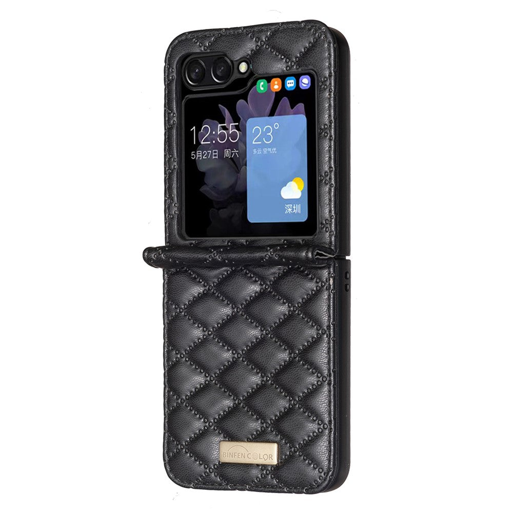 BINFEN COLOR For Samsung Galaxy Z Flip7 FE 5G / Z Flip6 5G / Z Flip5 5G Case Rhombus PU Leather Folding Phone Cover - Black