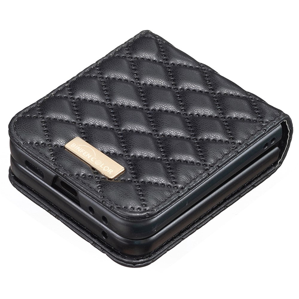 BINFEN COLOR For Samsung Galaxy Z Flip7 FE 5G / Z Flip6 5G / Z Flip5 5G Case Rhombus PU Leather Folding Phone Cover - Black