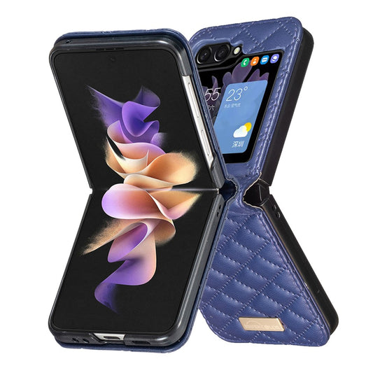 BINFEN COLOR For Samsung Galaxy Z Flip7 FE 5G / Z Flip6 5G / Z Flip5 5G Case Rhombus PU Leather Folding Phone Cover - Blue
