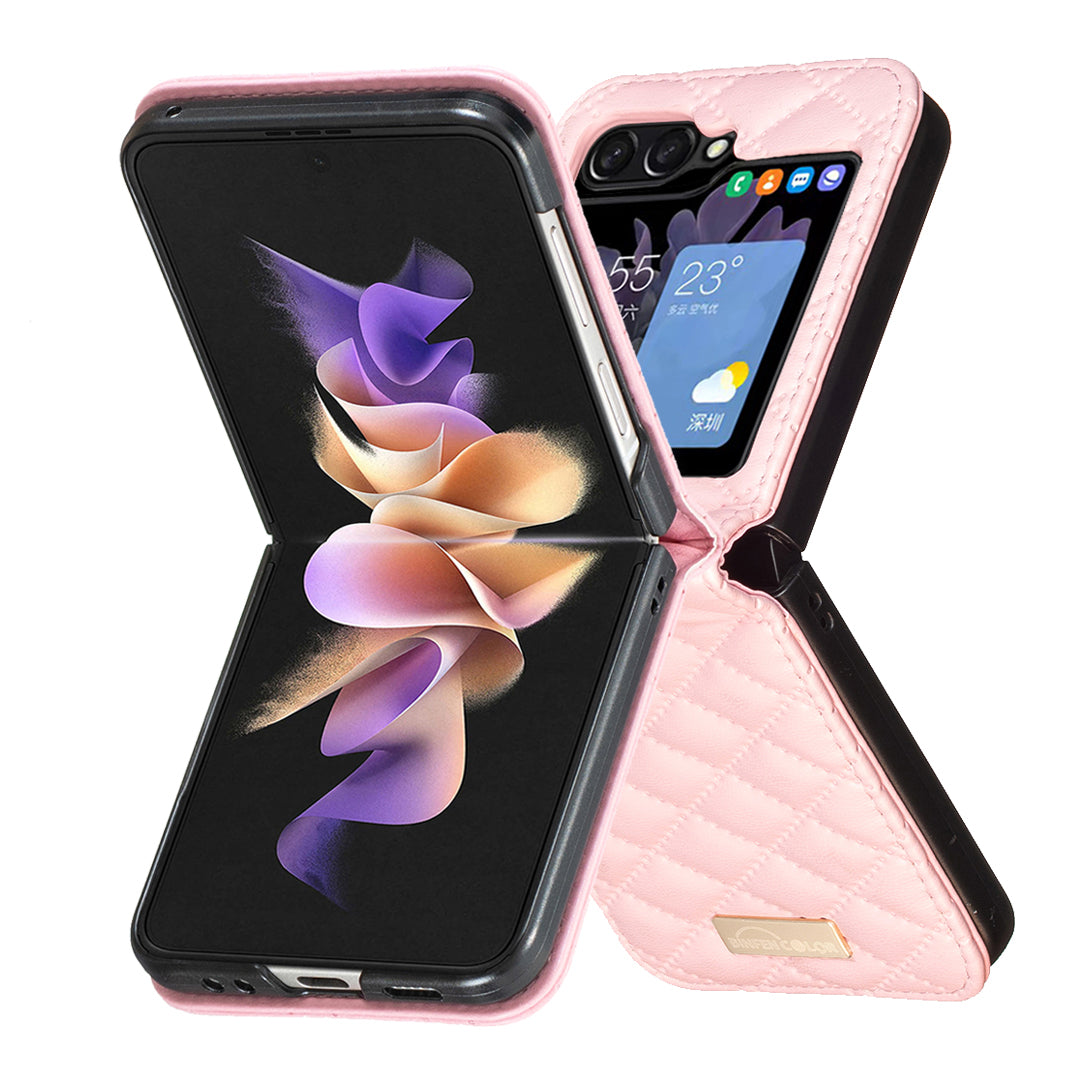 BINFEN COLOR For Samsung Galaxy Z Flip6 5G Case Rhombus PU Leather Folding Phone Cover - Pink