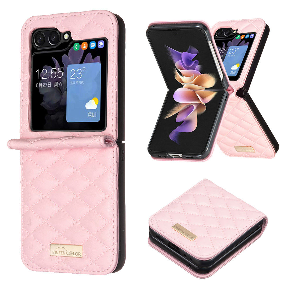 BINFEN COLOR For Samsung Galaxy Z Flip6 5G Case Rhombus PU Leather Folding Phone Cover - Pink