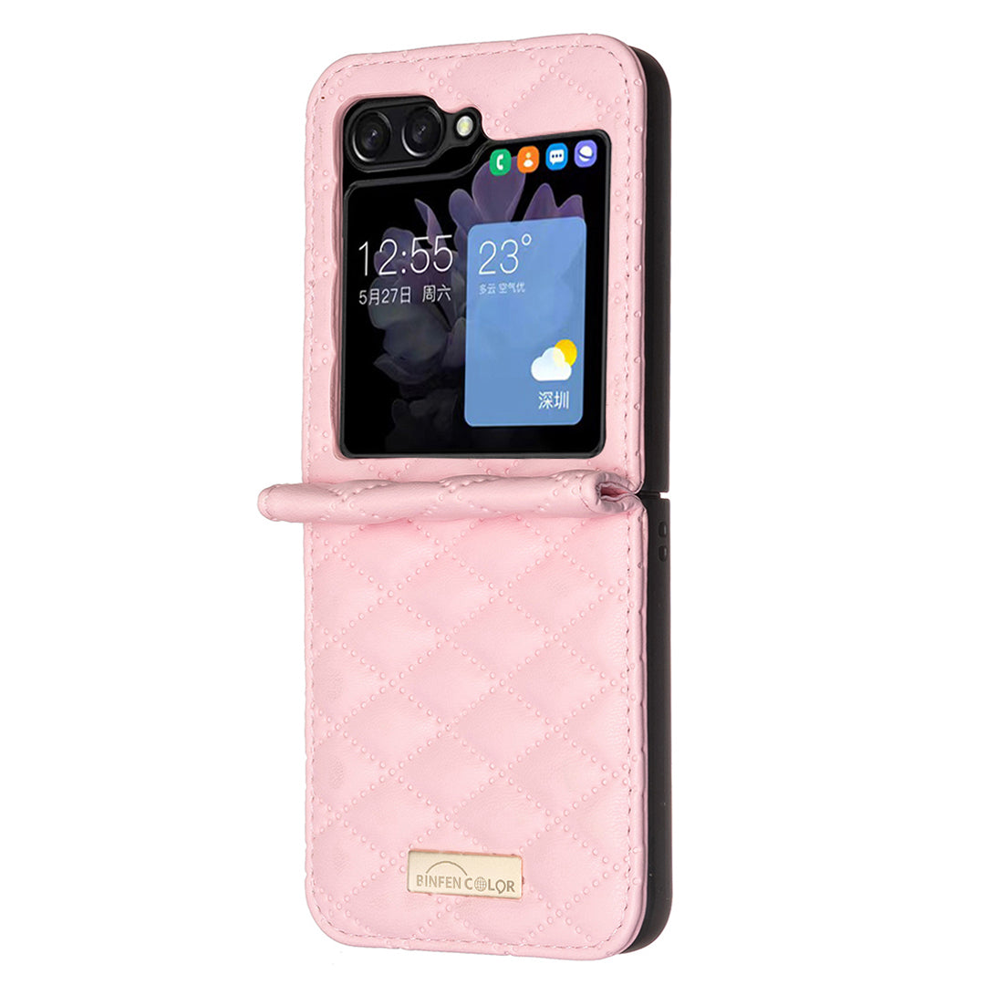 BINFEN COLOR For Samsung Galaxy Z Flip6 5G Case Rhombus PU Leather Folding Phone Cover - Pink