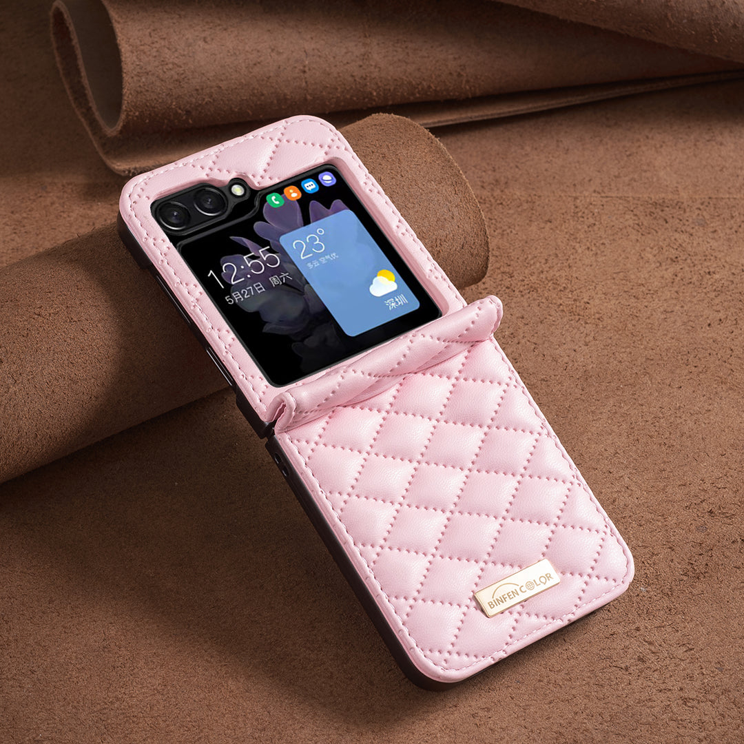 BINFEN COLOR For Samsung Galaxy Z Flip6 5G Case Rhombus PU Leather Folding Phone Cover - Pink